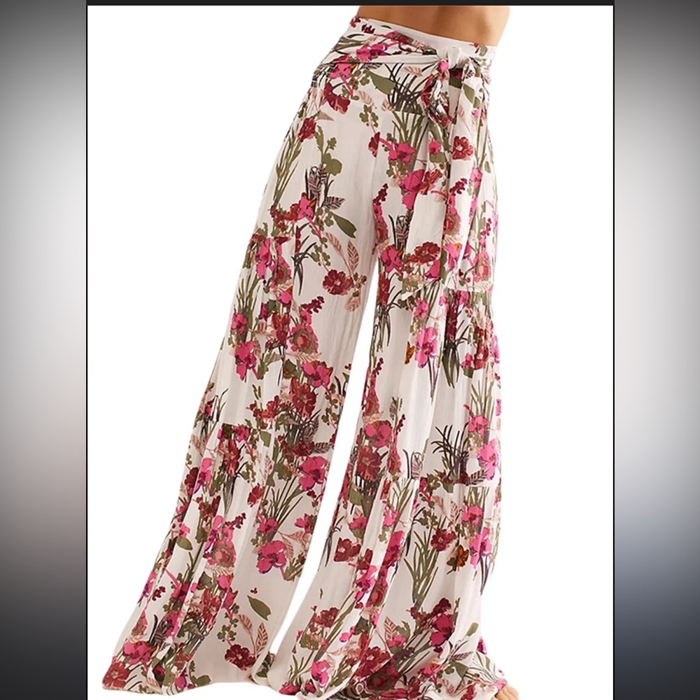 Free People Floral Flowy Pants- Pink and Green